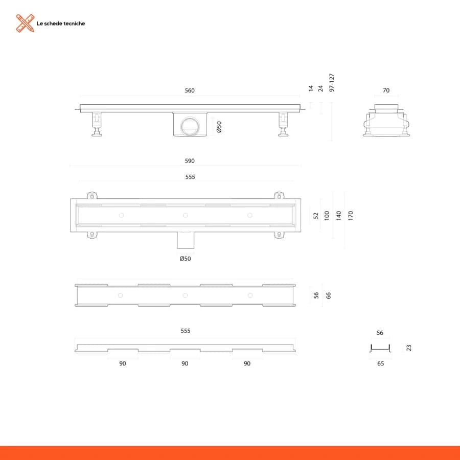 Canalina doccia rettangolare acciaio inox cover piastrellabile 60 cm