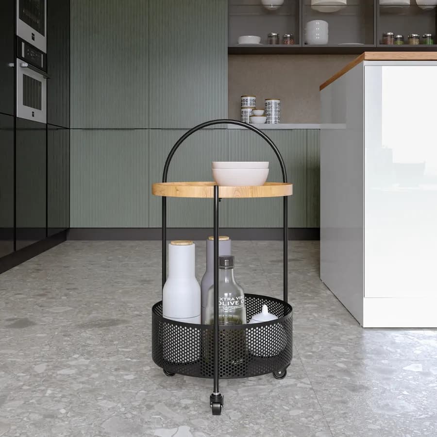 Carrello da cucina 32x65h cm in metallo nero e legno rovere - Thily
