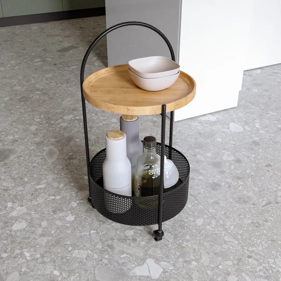 Carrello da cucina 32x65h cm in metallo nero e legno rovere - Thily
