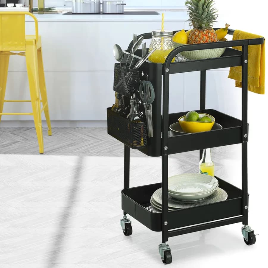 Carrello da cucina 51x76h cm in acciaio nero con 3 ripiani e ganci