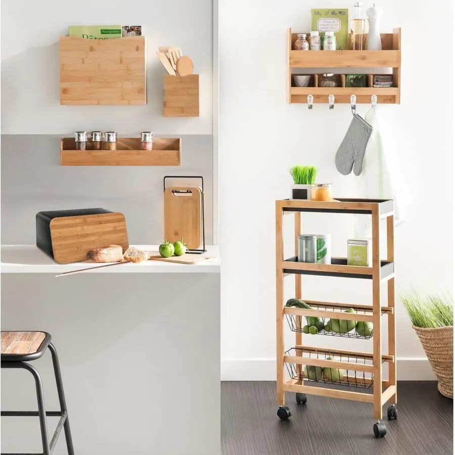 Carrello salvaspazio 83h cm in legno di bambù naturale e nero con freni e ceste removibili