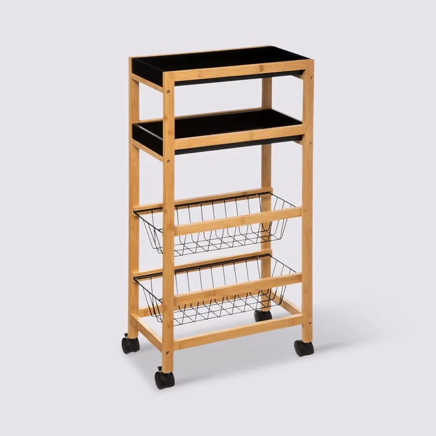 Carrello salvaspazio 83h cm in legno di bambù naturale e nero con freni e ceste removibili
