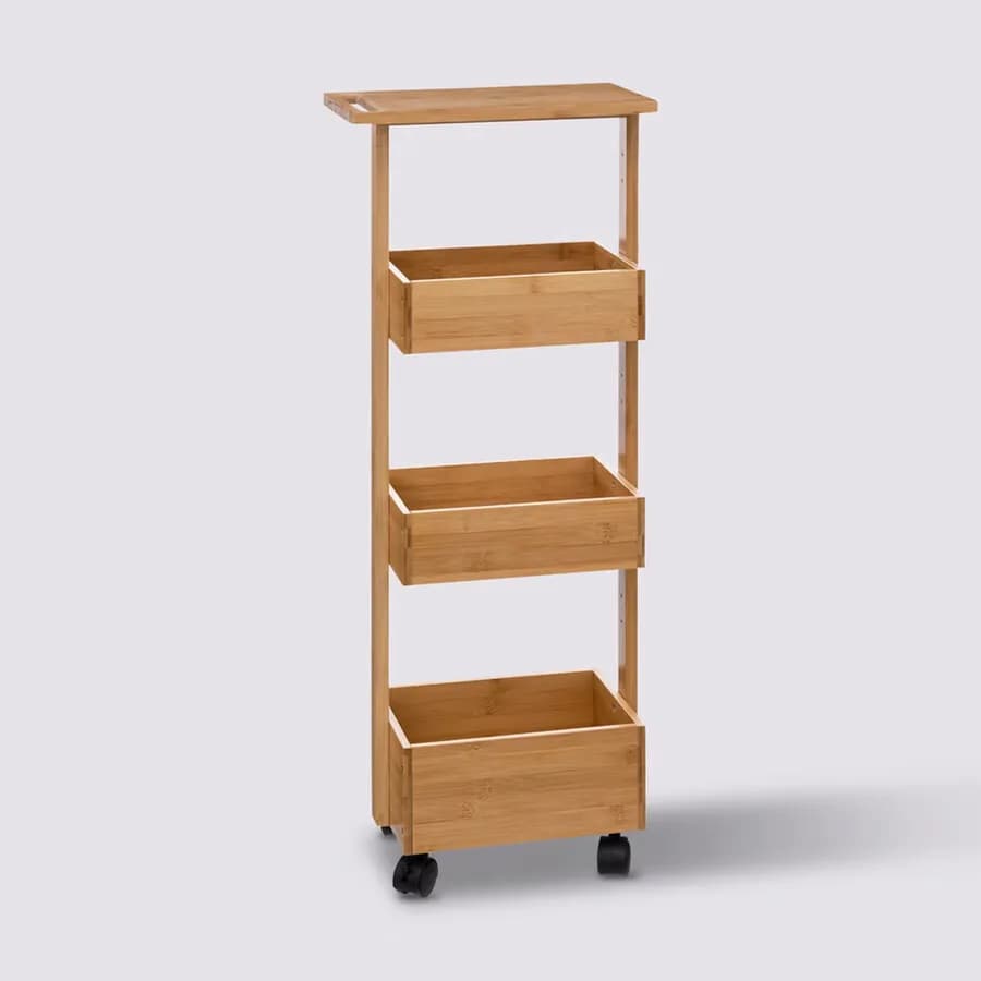 Carrello salvaspazio 86h cm in legno di bambù naturale con ruote e 4 ripiani