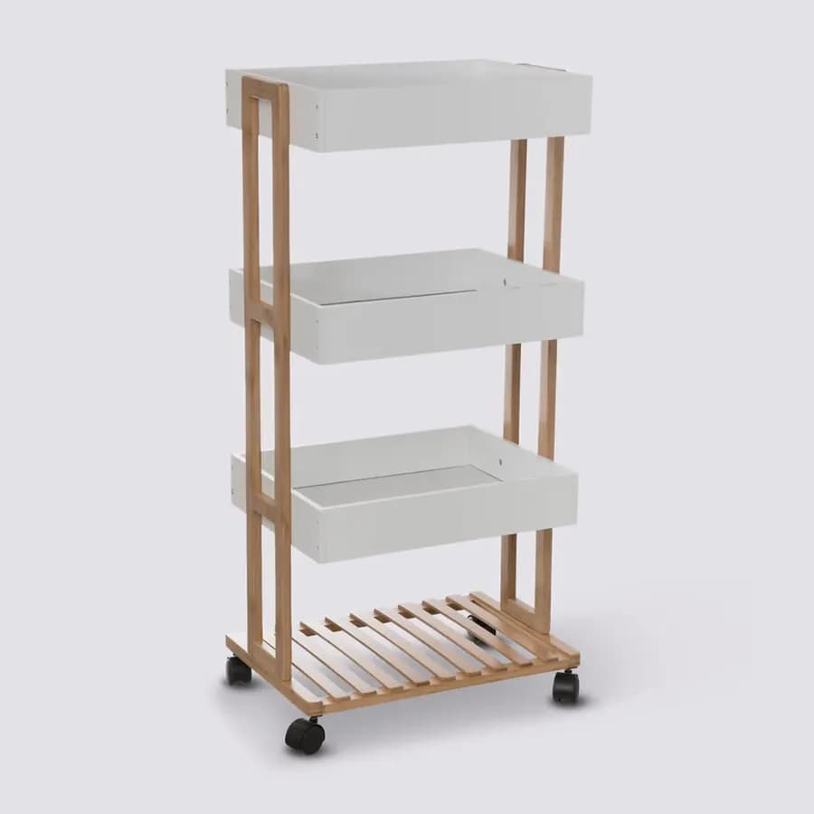 Carrello da cucina 88h cm in legno bianco e naturale con freni e 4 ripiani - Bilbao
