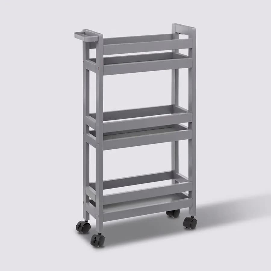 Carrello salvaspazio 75h cm in legno grigio con freni e 3 ripiani - Matilde