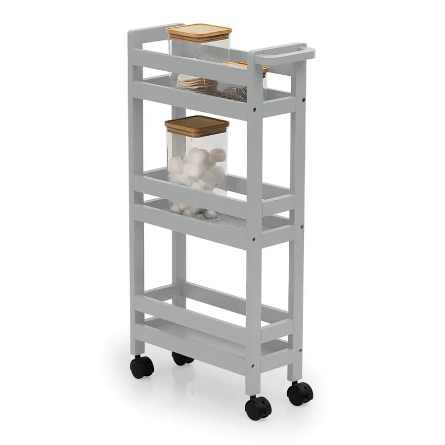 Carrello salvaspazio 75h cm in legno grigio con freni e 3 ripiani - Matilde
