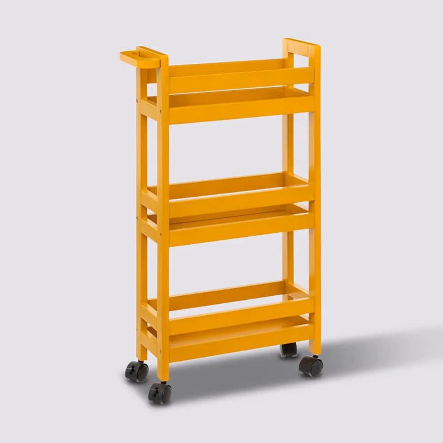 Carrello salvaspazio 75h cm in legno senape con freni e 3 ripiani - Matilde