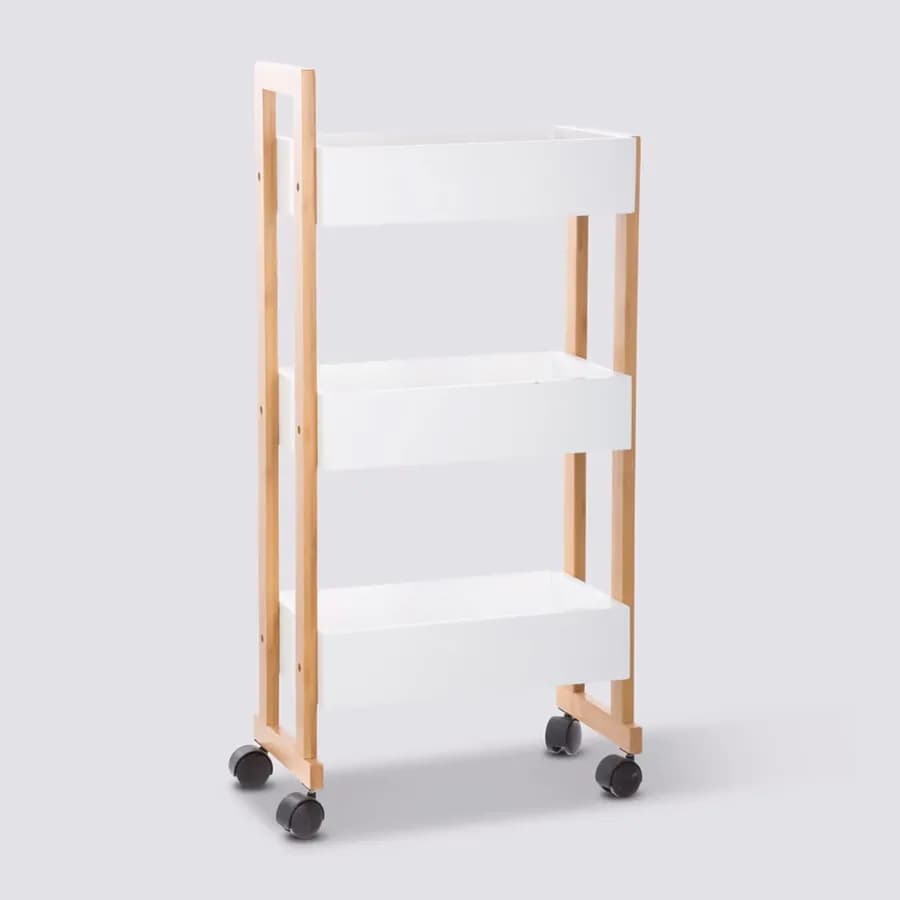 Carrello salvaspazio 80h cm in legno bianco e naturale con freni e 3 ripiani - Bilbao