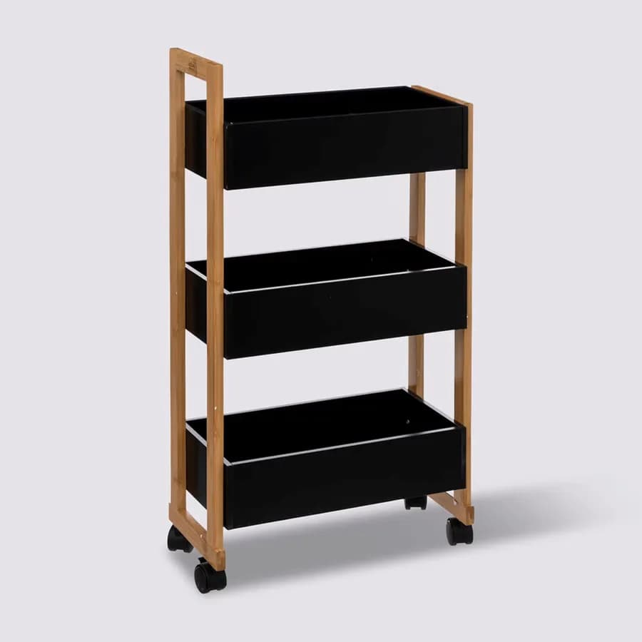Carrello salvaspazio 80h cm in legno nero e naturale con freni e 3 ripiani - Bilbao