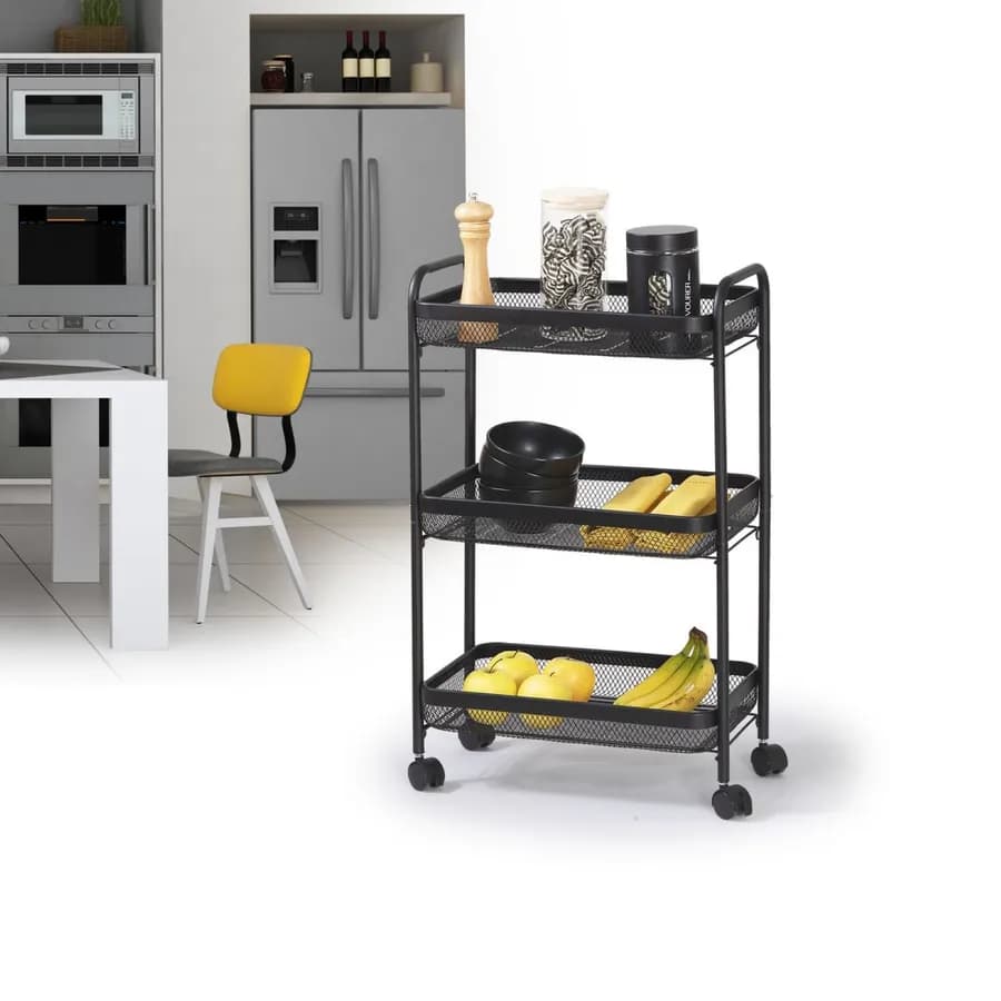 Carrello salvaspazio 46x79h cm con freni a 3 ripiani in metallo nero