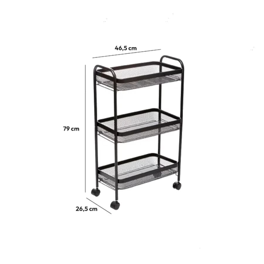 Carrello salvaspazio 46x79h cm con freni a 3 ripiani in metallo nero
