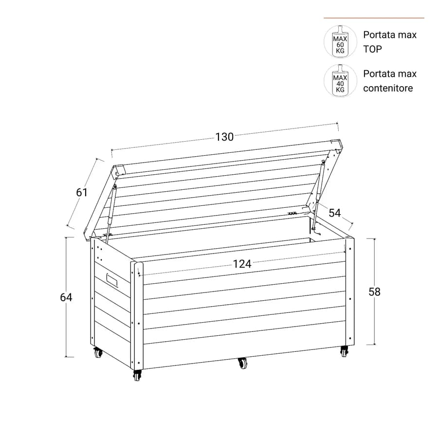 Baule contenitore con ruote 130x61x64h cm in alluminio antracite - Carioca