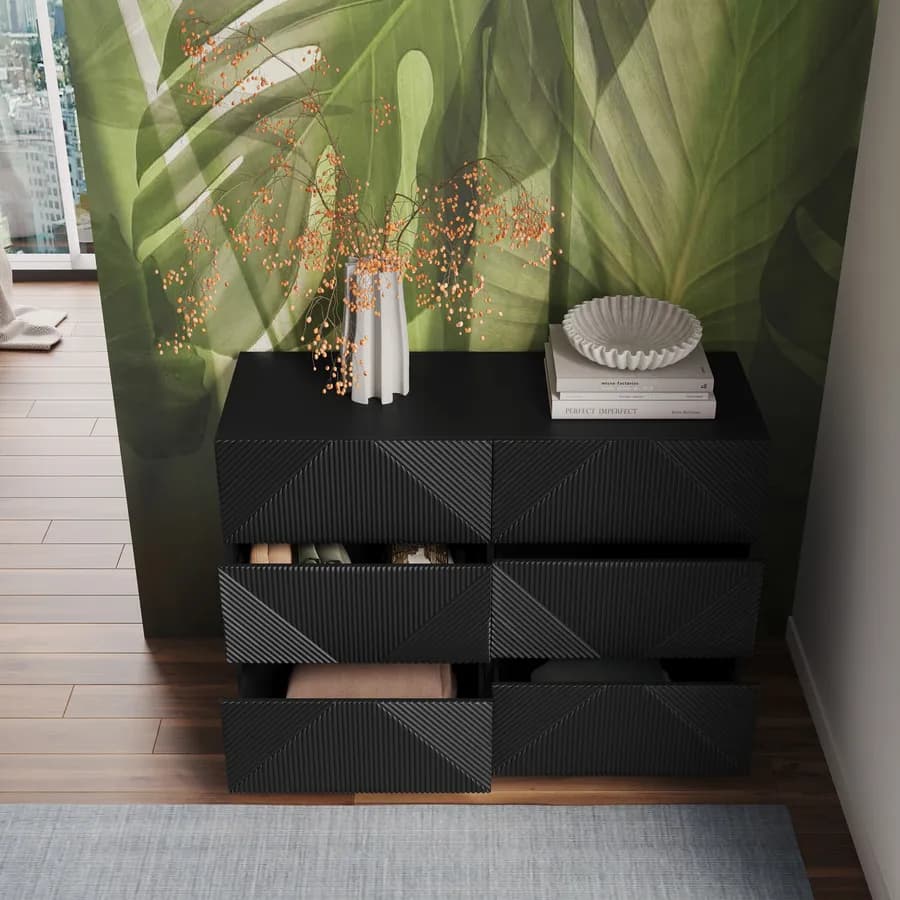 Cassettiera 115x85h cm con 6 cassetti soft close nero opaco cannettato - Ayla