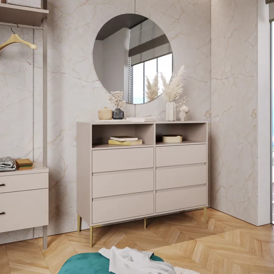 Cassettiera 120x100h cm con 6 cassetti soft close cashmere e piedi oro opaco - Kreativo