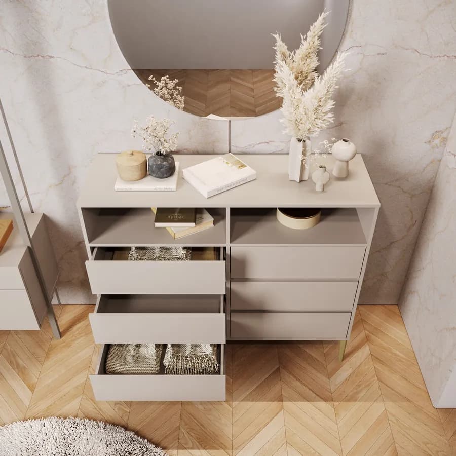 Cassettiera 120x100h cm con 6 cassetti soft close cashmere e piedi oro opaco - Kreativo