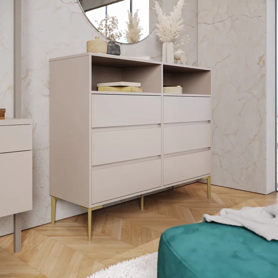 Cassettiera 120x100h cm con 6 cassetti soft close cashmere e piedi oro opaco - Kreativo