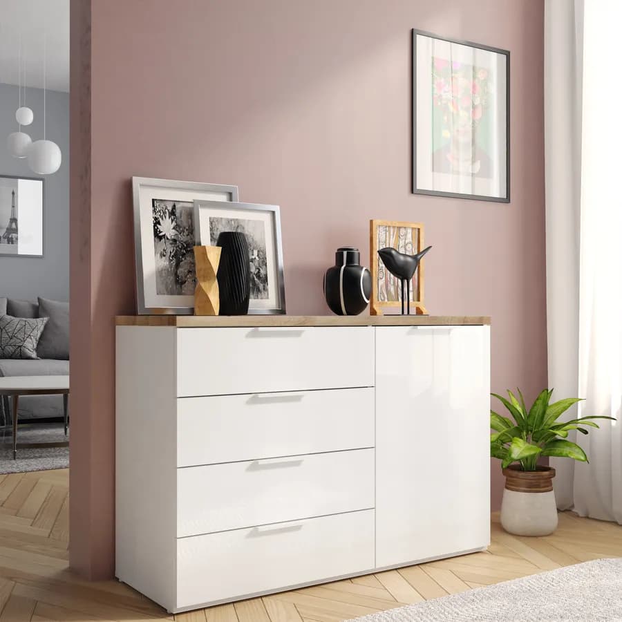 Cassettiera 120x82h cm in legno bianco lucido con 4 cassetti - Boras night