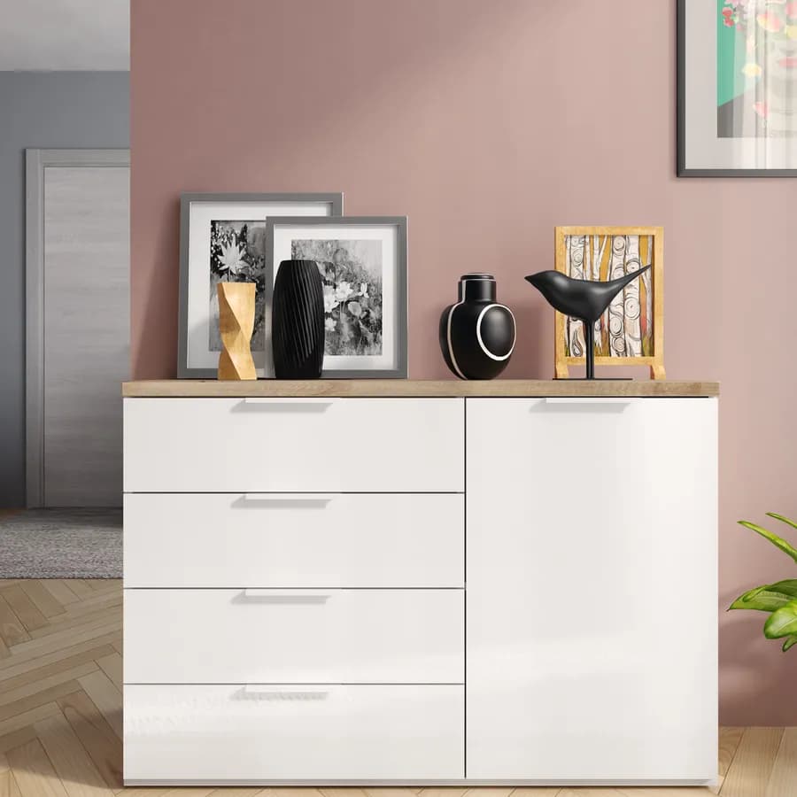 Cassettiera 120x82h cm in legno bianco lucido con 4 cassetti - Boras night