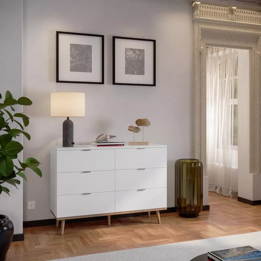 Cassettiera 120x87h cm in legno bianco e rovere sonoma con 6 cassetti - Holberg