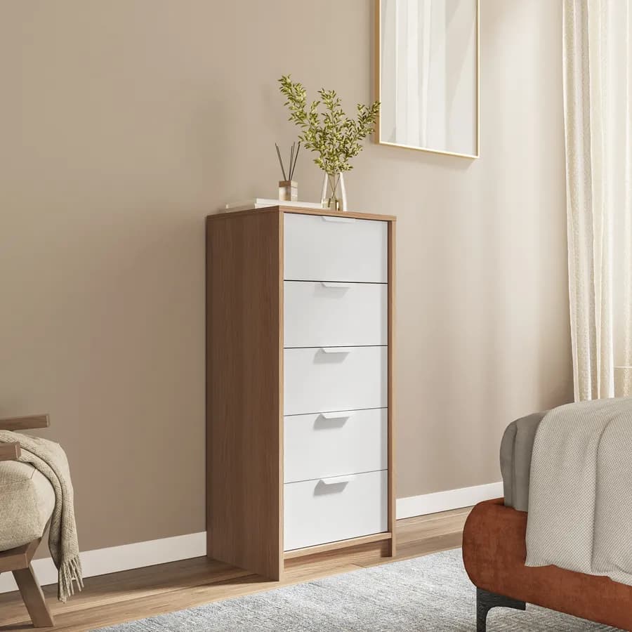 Cassettiera 44x108h cm rovere e legno bianco con 5 cassetti - Aubin
