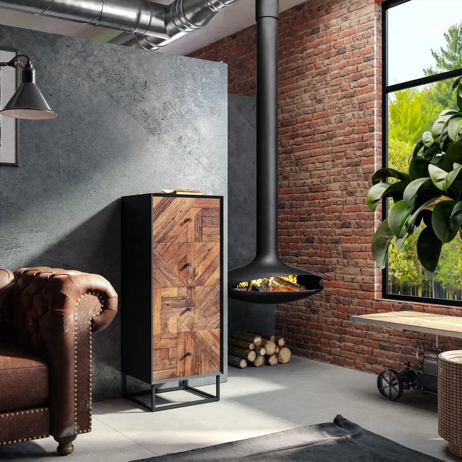 Cassettiera 45x115h cm in legno naturale effetto invecchiato e metallo nero - Desindos