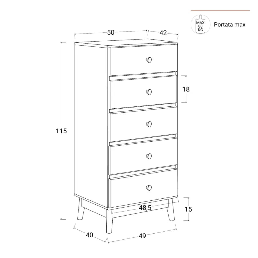 Cassettiera 50x115h cm in legno naturale e bianco con 5 cassetti - Lollipop