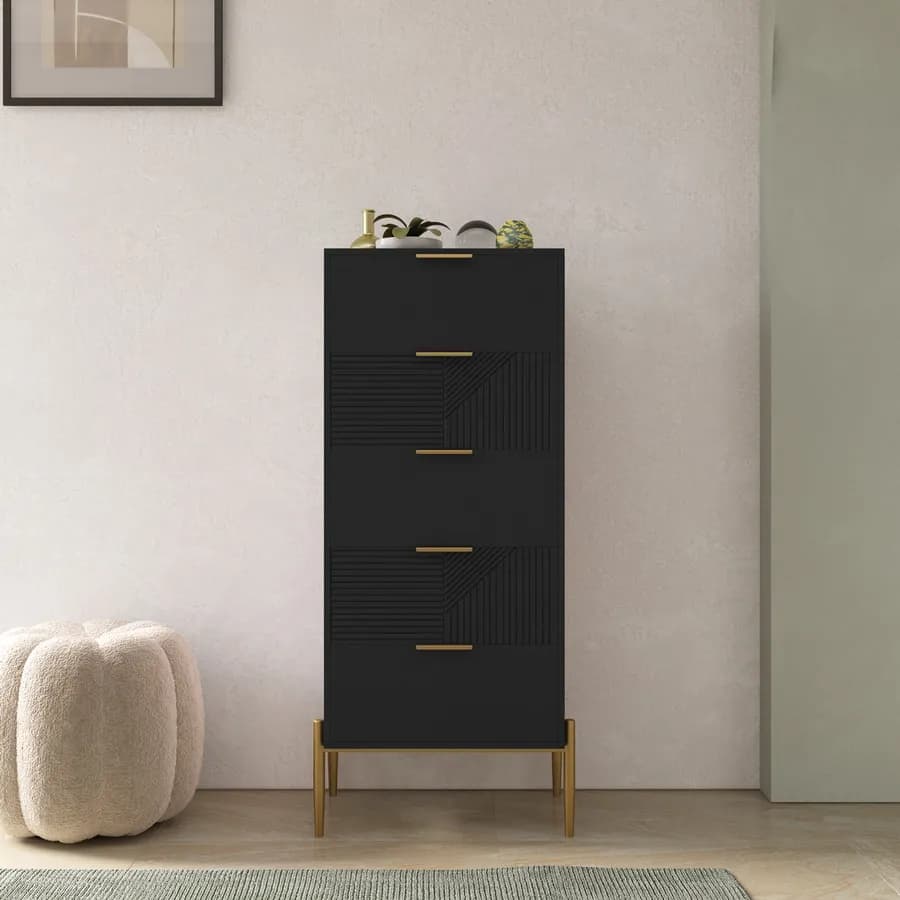 Cassettiera 57x131h cm con 5 cassetti nero opaco cannettato e gambe oro - Gwyneth