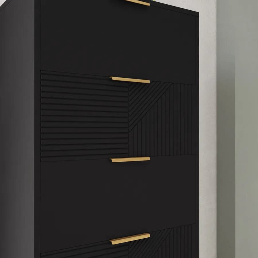 Cassettiera 57x131h cm con 5 cassetti nero opaco cannettato e gambe oro - Gwyneth
