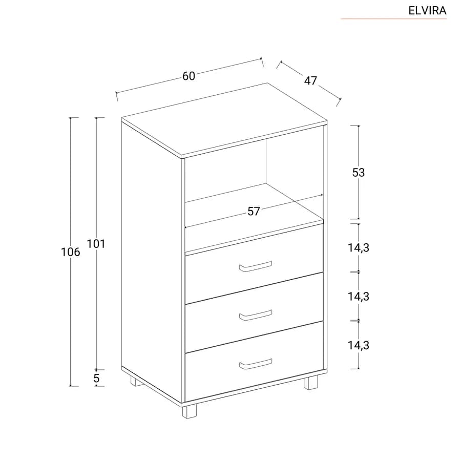 Cassettiera 60x100h cm con 3 cassetti e ripiano bianco effetto legno - Elvira