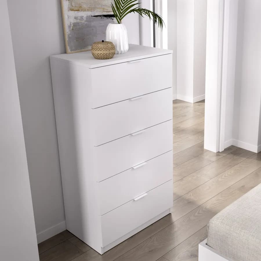 Cassettiera 60x110h cm in legno bianco con 5 cassetti - Novak