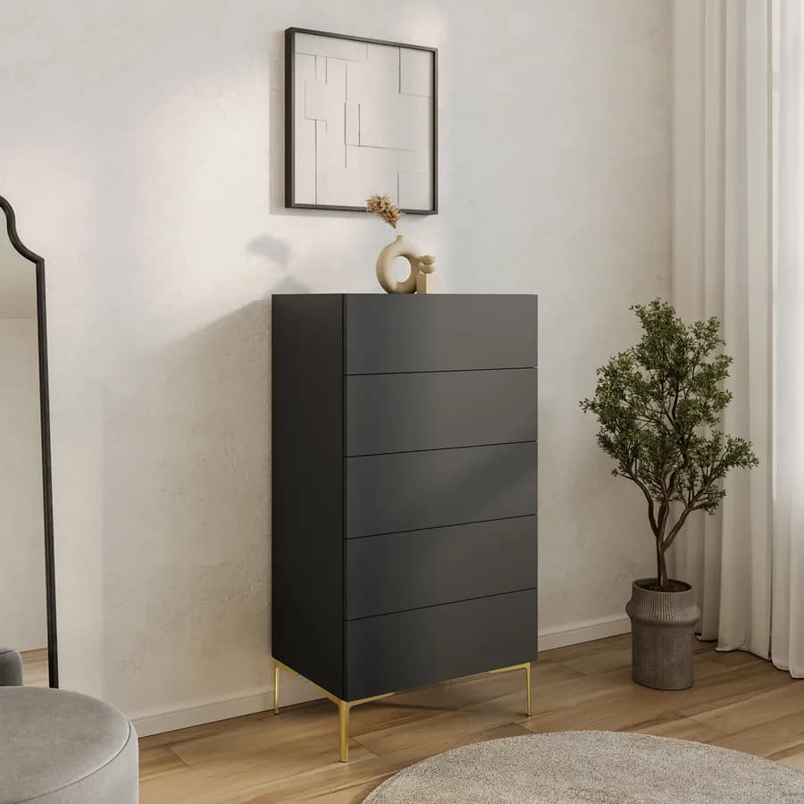 Cassettiera 60x115h cm antracite con 5 cassetti soft close e piedi in metallo oro - Judith