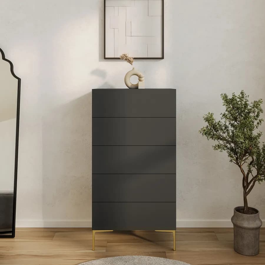 Cassettiera 60x115h cm antracite con 5 cassetti soft close e piedi in metallo oro - Judith