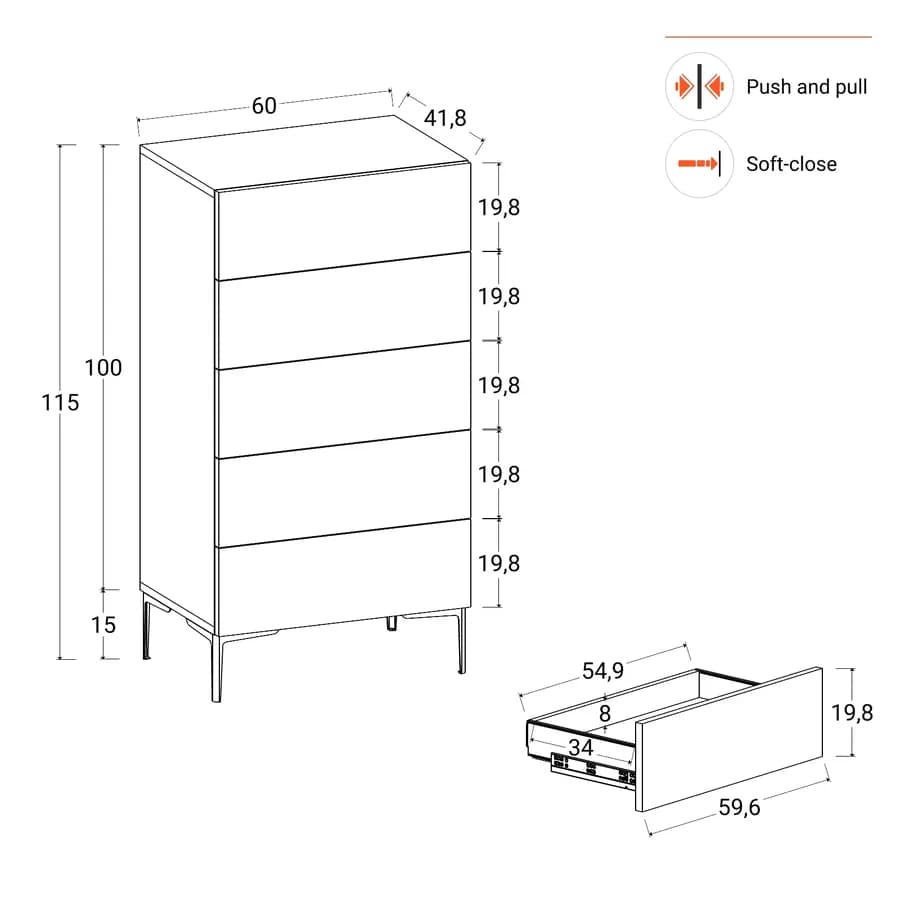 Cassettiera 60x115h cm antracite con 5 cassetti soft close e piedi in metallo oro - Judith