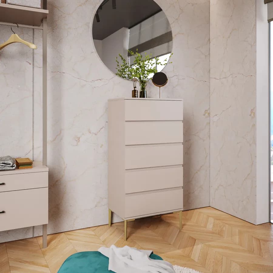 Cassettiera 60x120h cm con 5 cassetti soft close cashmere e piedi oro opaco - Kreativo