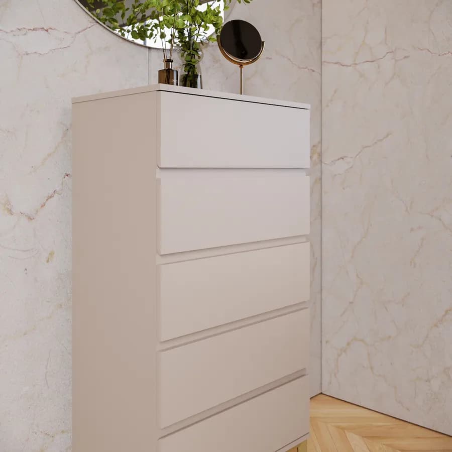 Cassettiera 60x120h cm con 5 cassetti soft close cashmere e piedi oro opaco - Kreativo