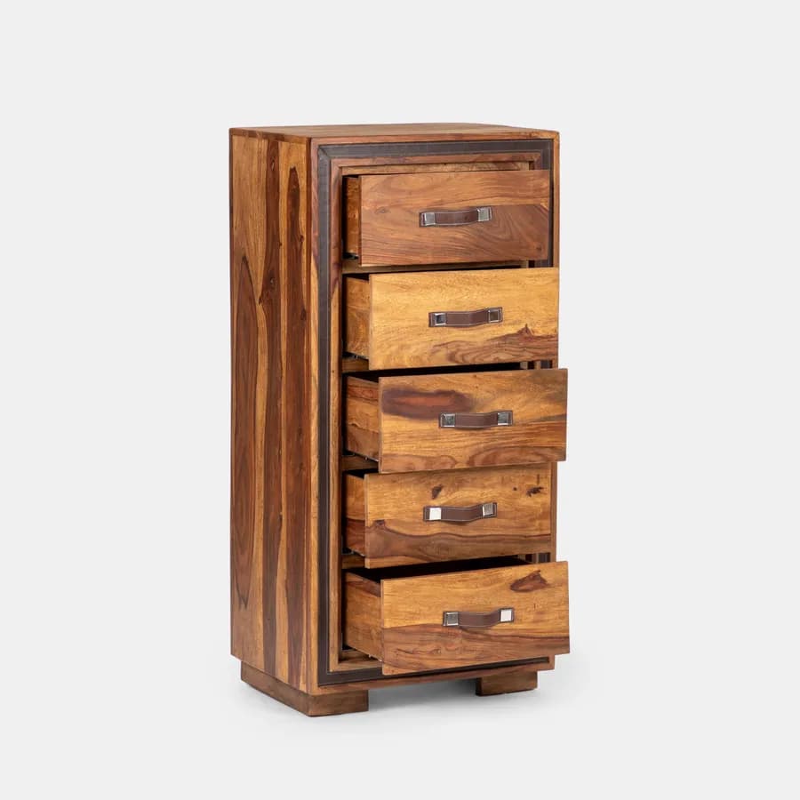 Cassettiera 60x126h cm in legno con 5 cassetti - Freia Sheesham