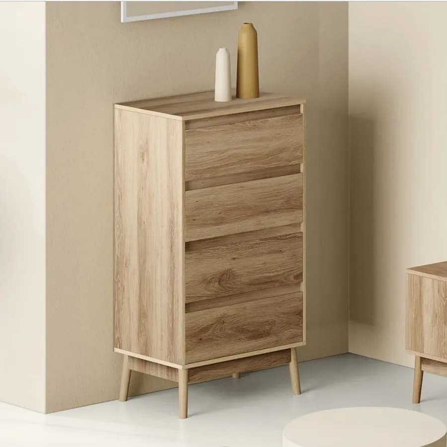 Cassettiera 60x40 cm in legno effetto rovere naturale con 4 cassetti soft close - Nathur