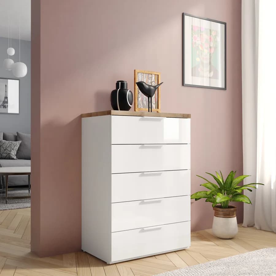 Cassettiera 69x102h cm in legno bianco lucido e rovere artisan - Boras night