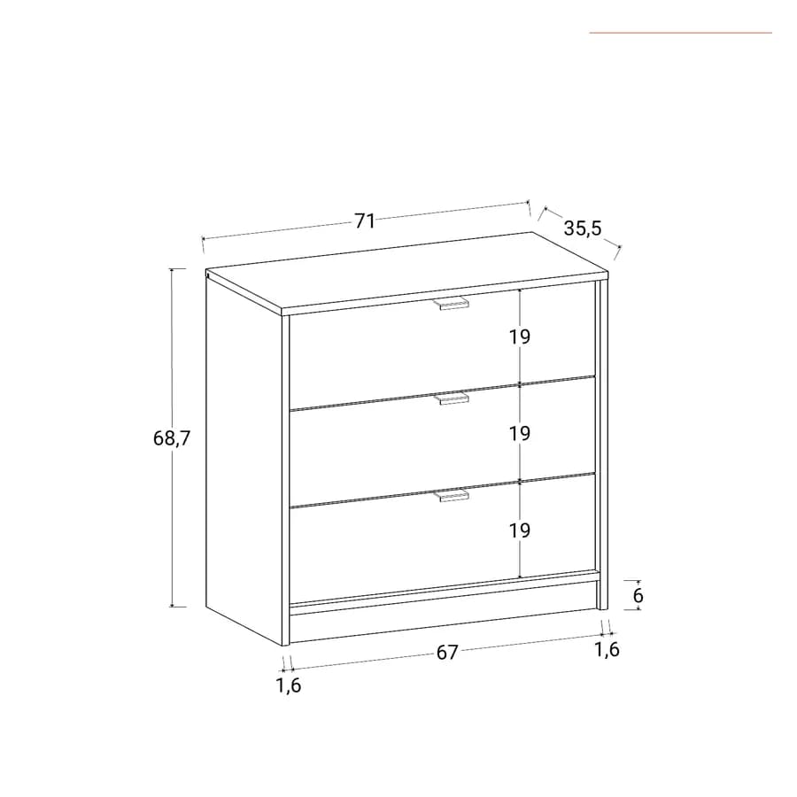Cassettiera 71x69h cm bianco e rovere con 3 cassetti - Aubin