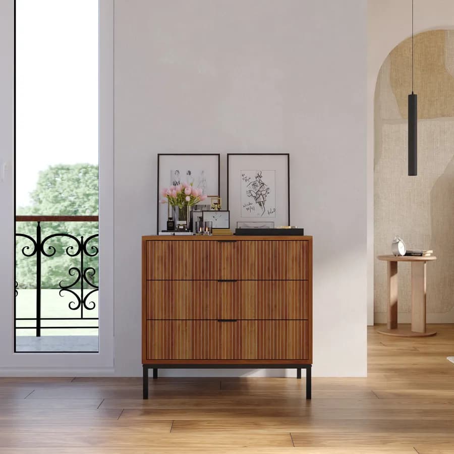 Cassettiera 72x69h cm noce carter cannettato con 3 cassetti e piedi in metallo nero - Acosta