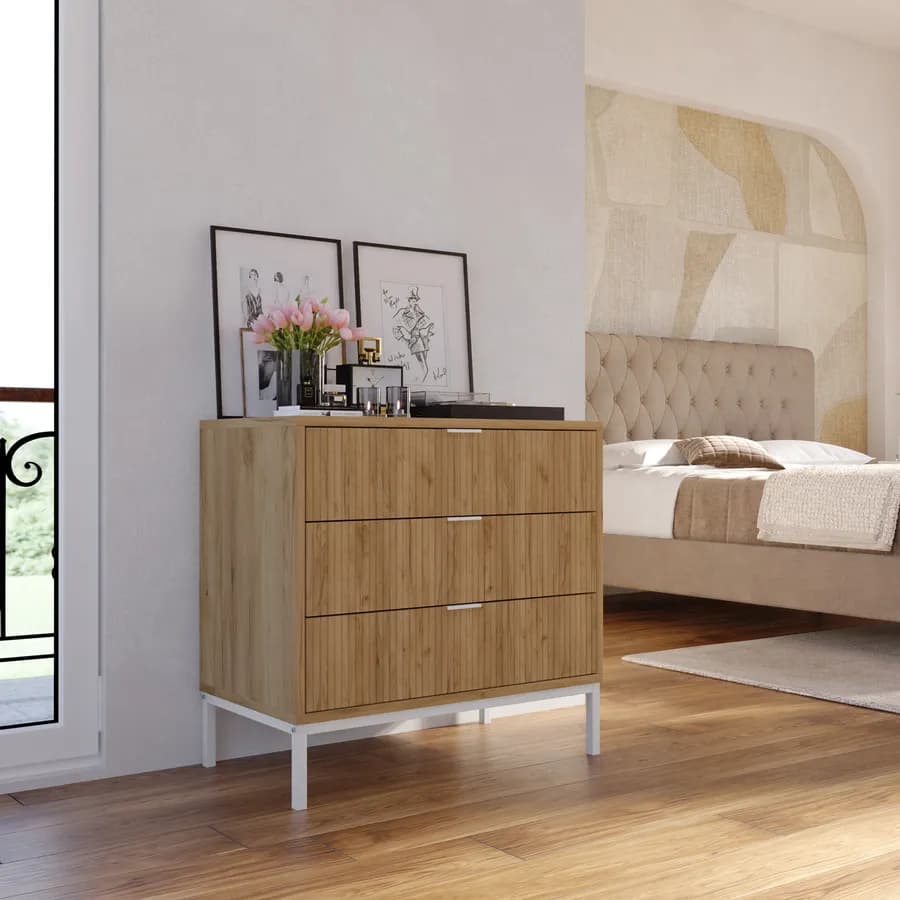 Cassettiera 72x69h cm rovere chiaro cannettato con 3 cassetti e piedi in metallo bianco - Acosta