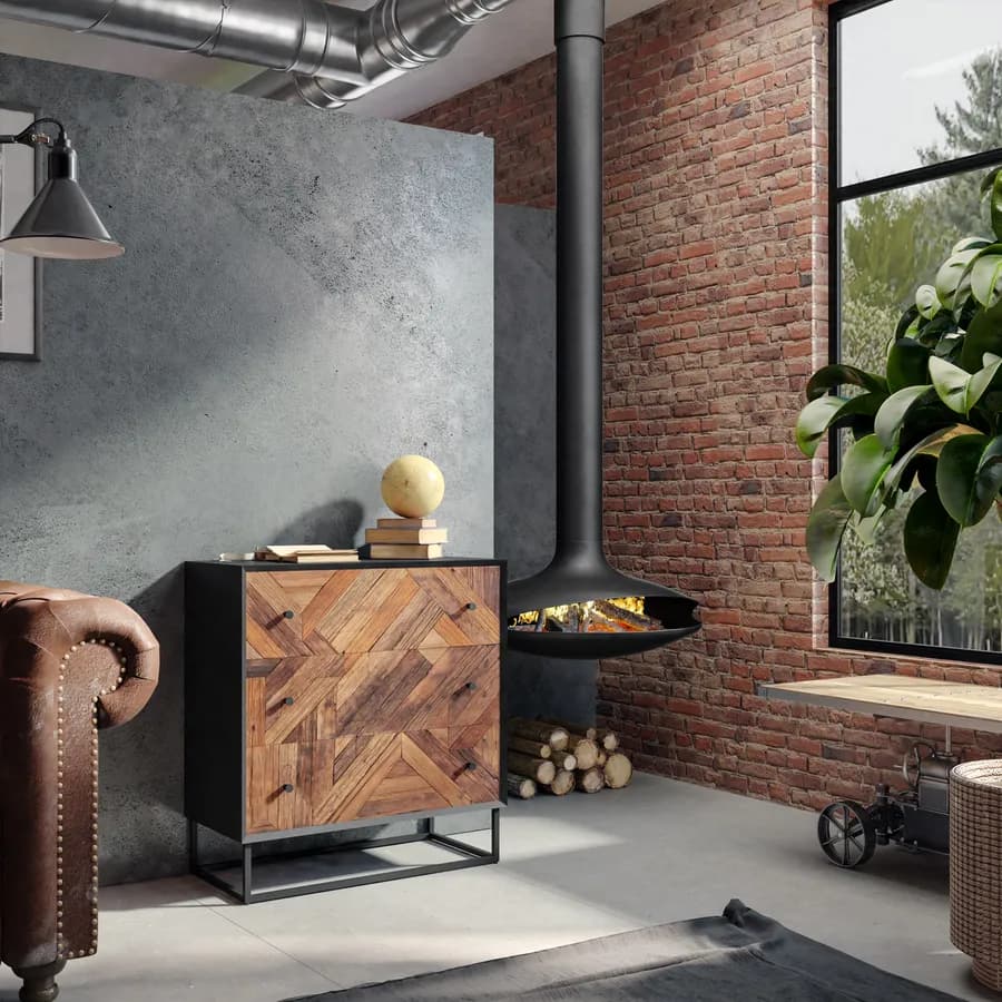 Cassettiera 75x80h cm in legno naturale effetto invecchiato e metallo nero - Desindos