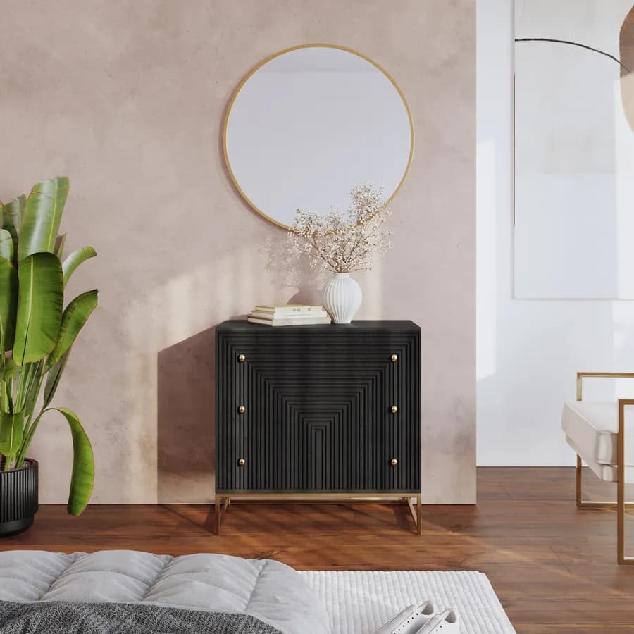 Cassettiera 75x75 cm in legno di mango nero cannettato e metallo oro - Dunkel
