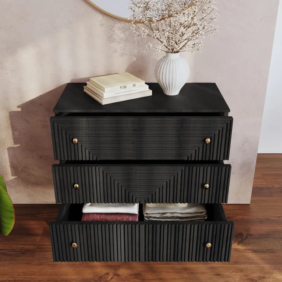 Cassettiera 75x75 cm in legno di mango nero cannettato e metallo oro - Dunkel