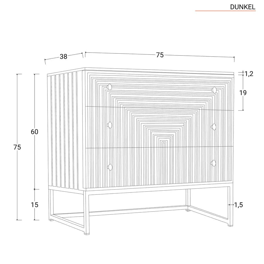 Cassettiera 75x75 cm in legno di mango nero cannettato e metallo oro - Dunkel