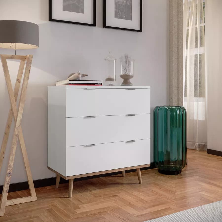 Cassettiera 80x87h cm in legno bianco e rovere sonoma con 3 cassetti - Holberg