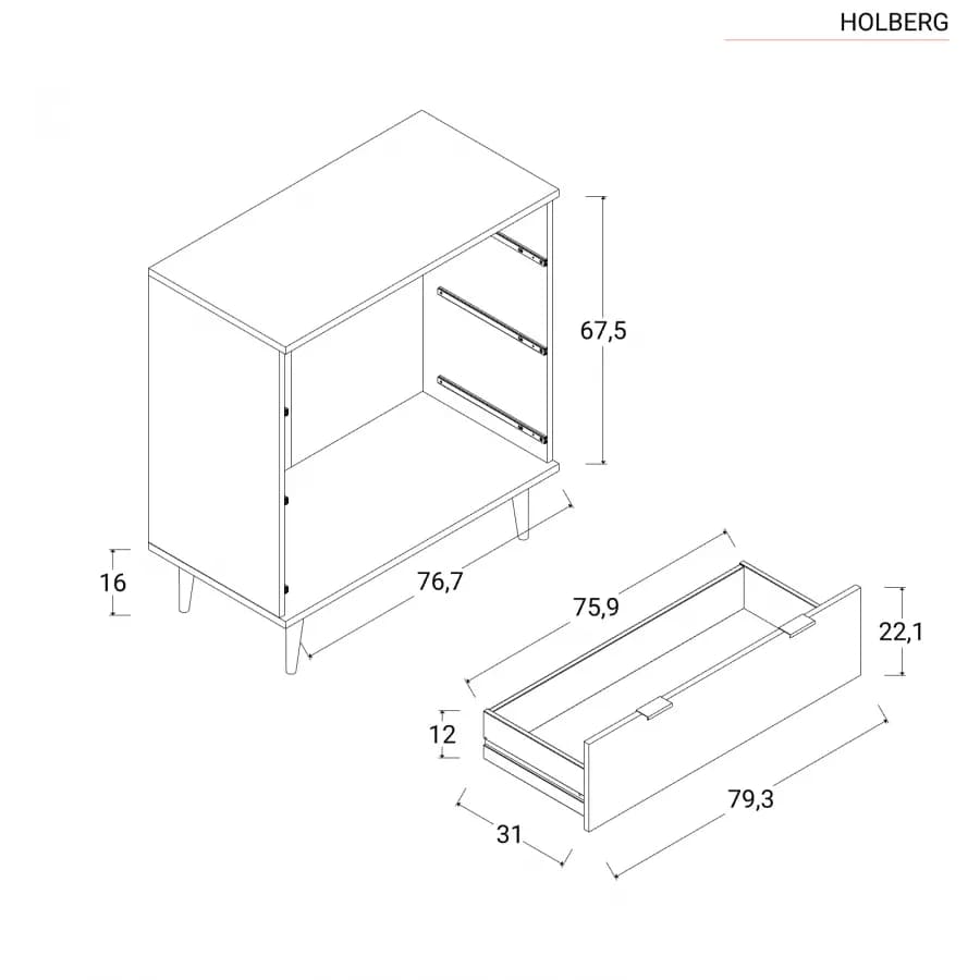 Cassettiera 80x87h cm in legno bianco e rovere sonoma con 3 cassetti - Holberg