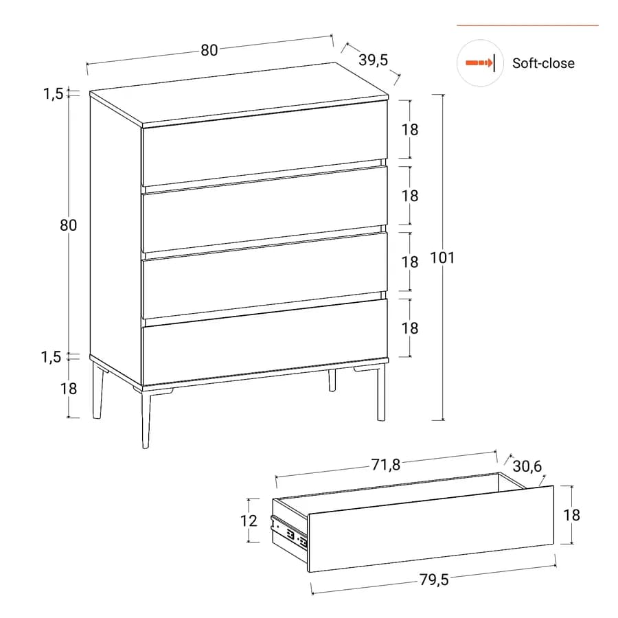 Cassettiera 80x100h cm con 4 cassetti soft close cashmere e piedi oro opaco - Kreativo