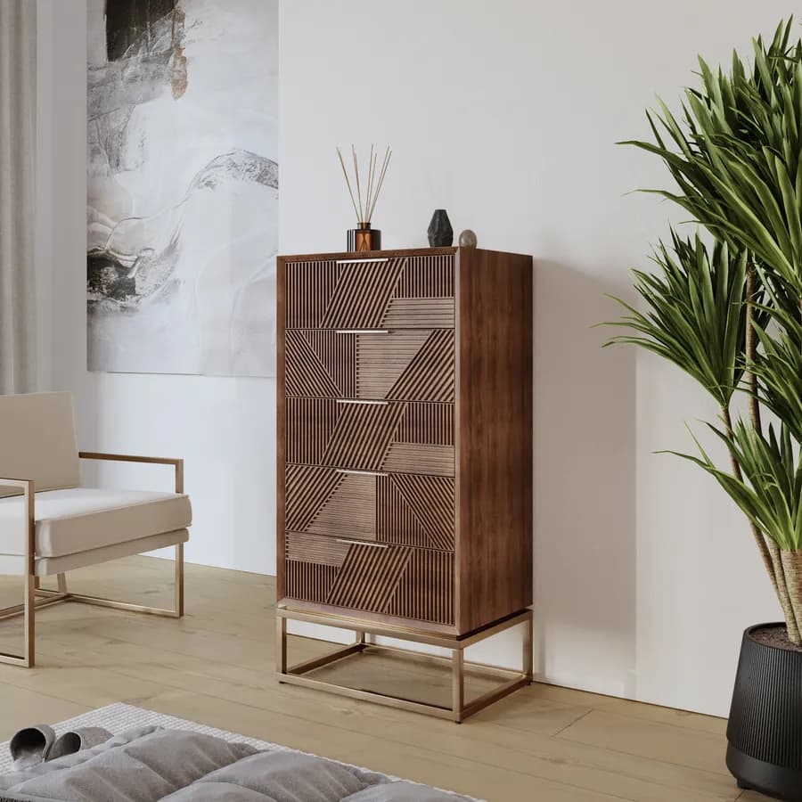 Cassettiera 60x120 cm con 5 cassetti in legno di mango cannettato - Maltese
