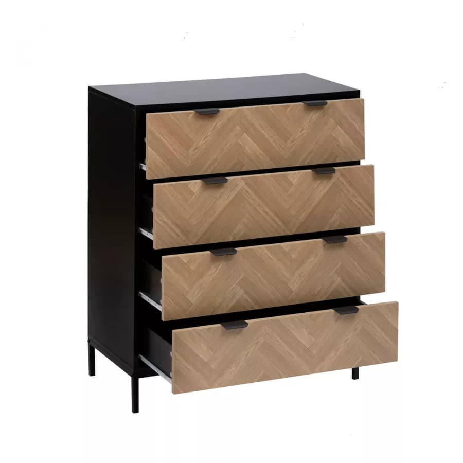 Cassettiera 80x40 cm in acciaio nero con 4 cassetti in legno effetto parquet - Blacky
